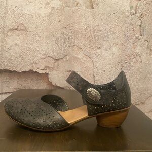 Rieker Black Leather Flower Print Velcro Mary Janes